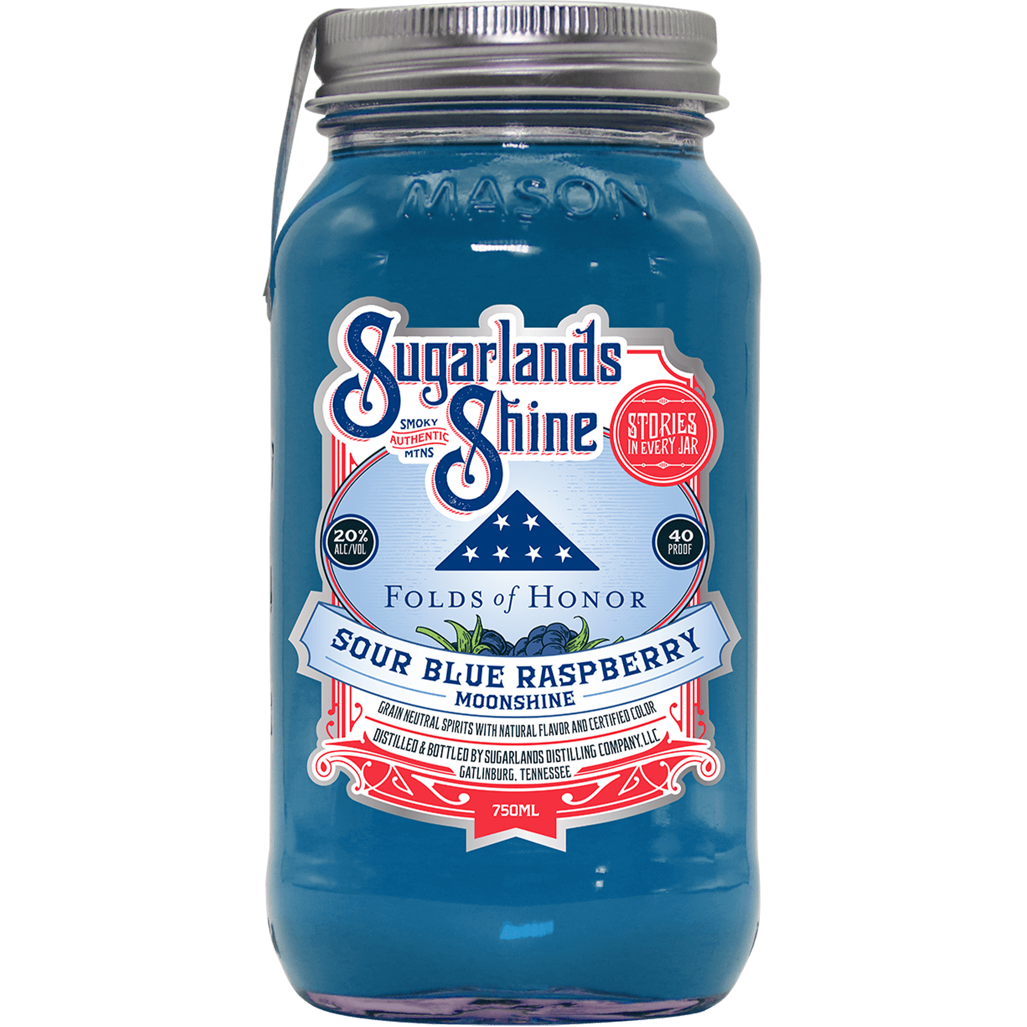 Sugarlands Shine Sour Blue Raspberry Moonshine in a mason jar, supporting Folds of Honor with 20% alcohol.