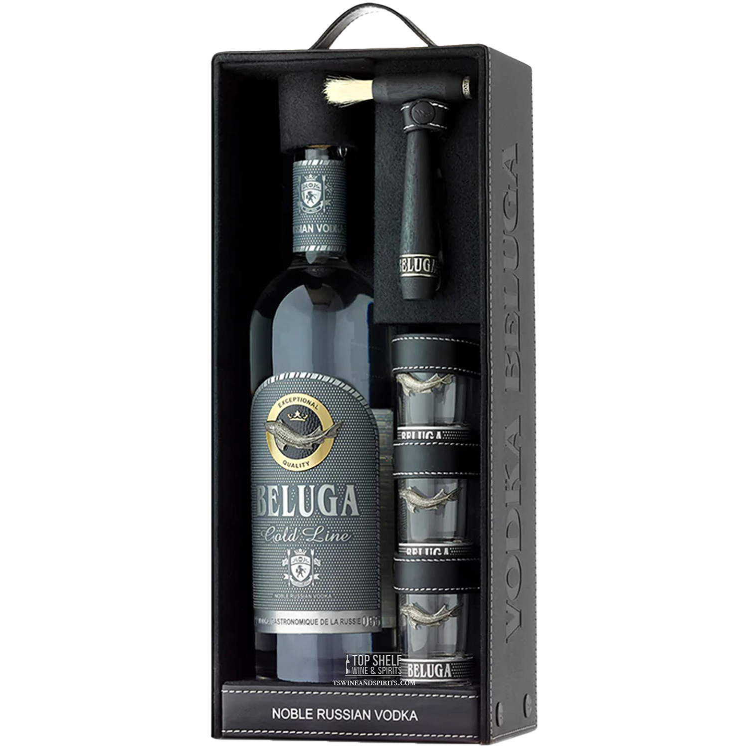 Beluga Gold Line Russian Vodka gift set with 3 shot glasses