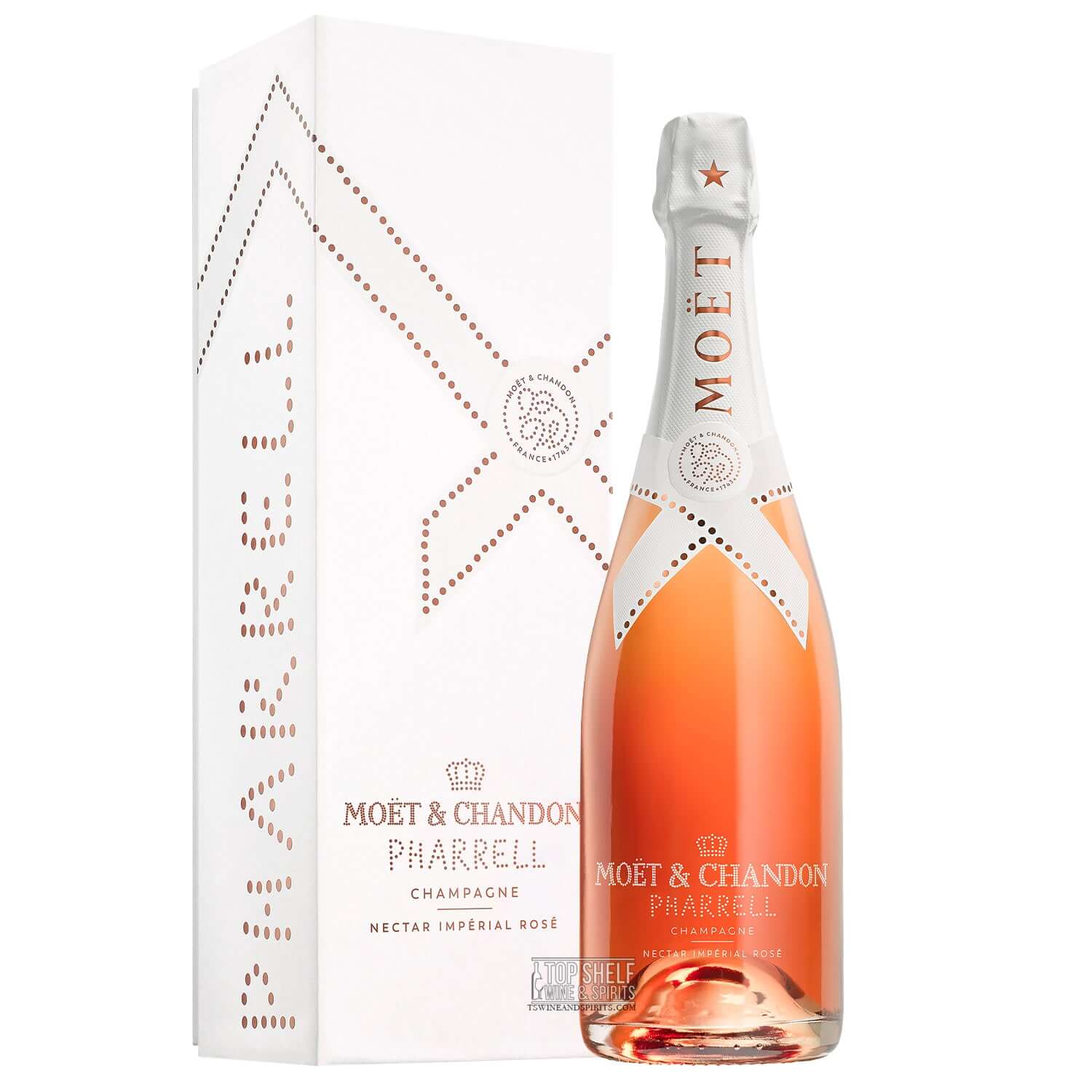 Limited Edition Moët & Chandon Nectar Impérial Rosé by Pharrell Williams in elegant white packaging.