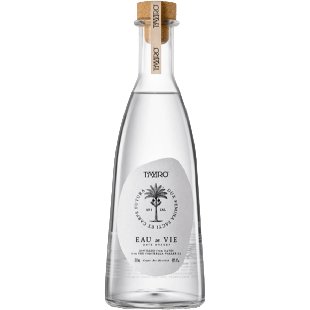 T'maro Eau de Vie 700ml bottle with cork top, showcasing its clear liquid and elegant label design.