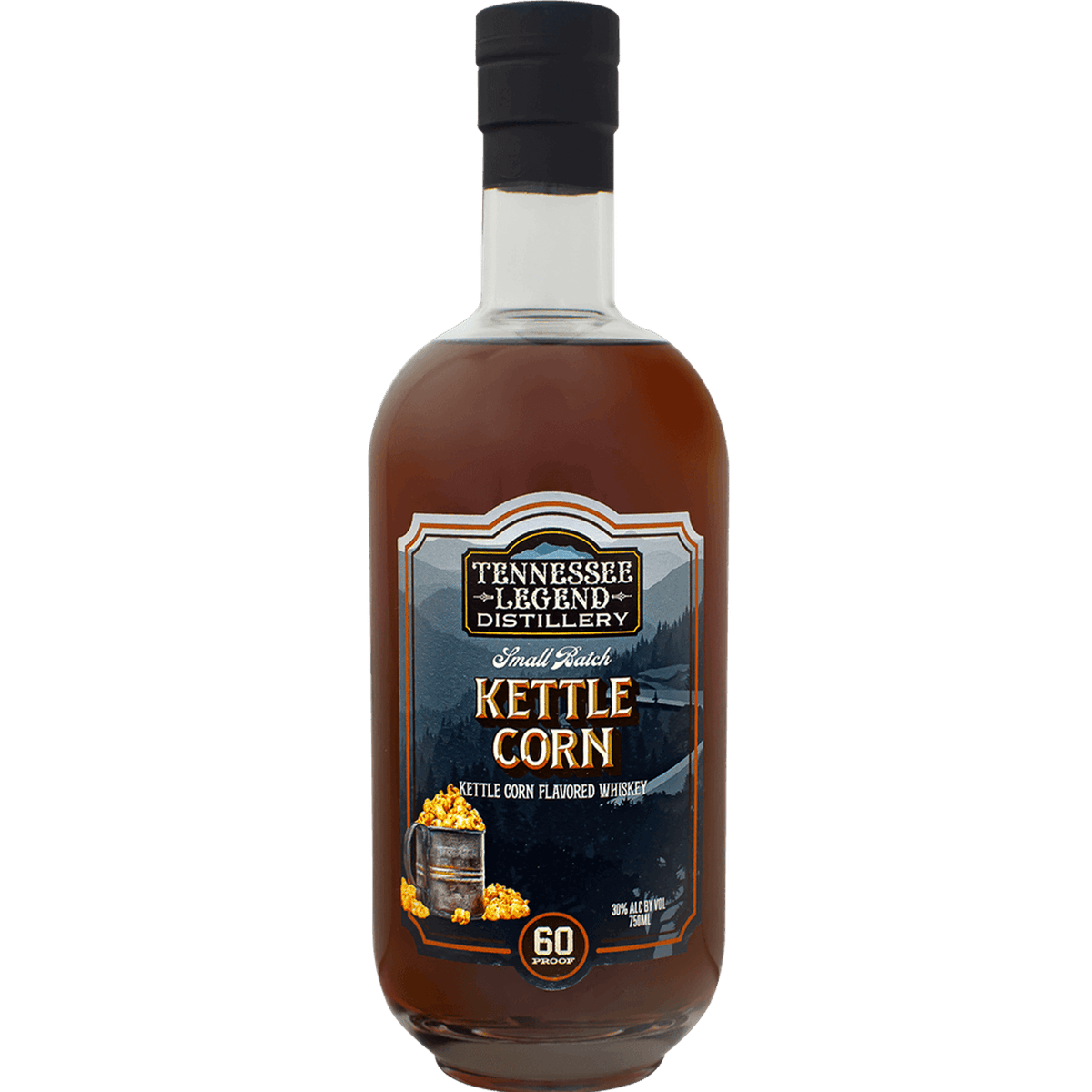 Tennessee Legend Kettle Corn Whiskey bottle with rich color and label showcasing kettle corn flavor.