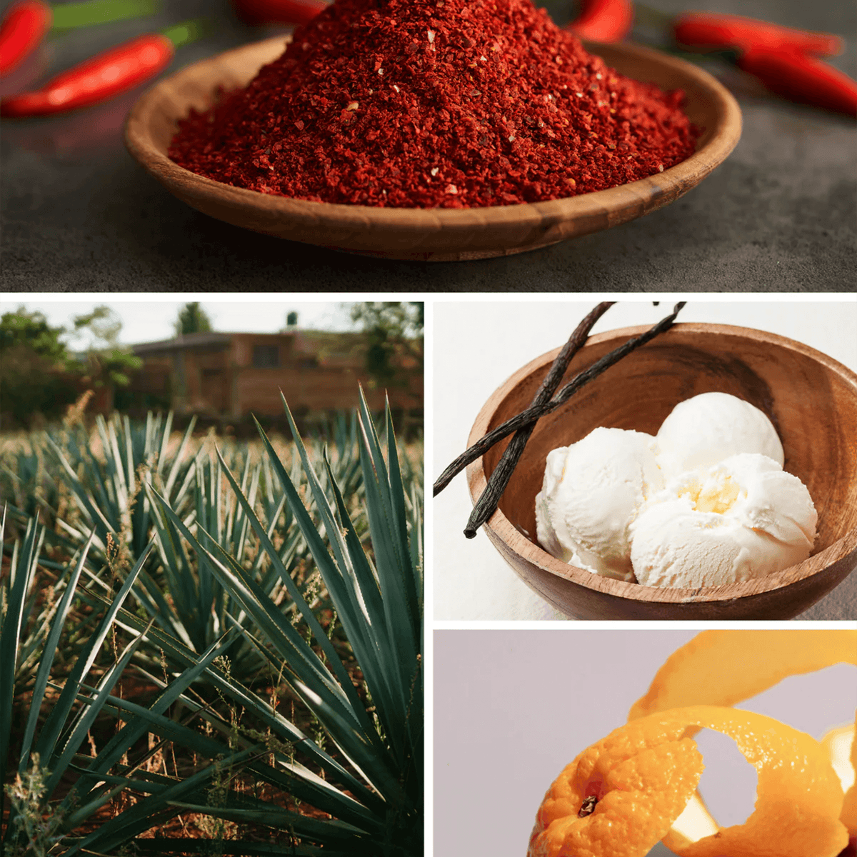 Collage of ingredients: chili powder, agave fields, vanilla beans, and ice cream in wooden bowls.