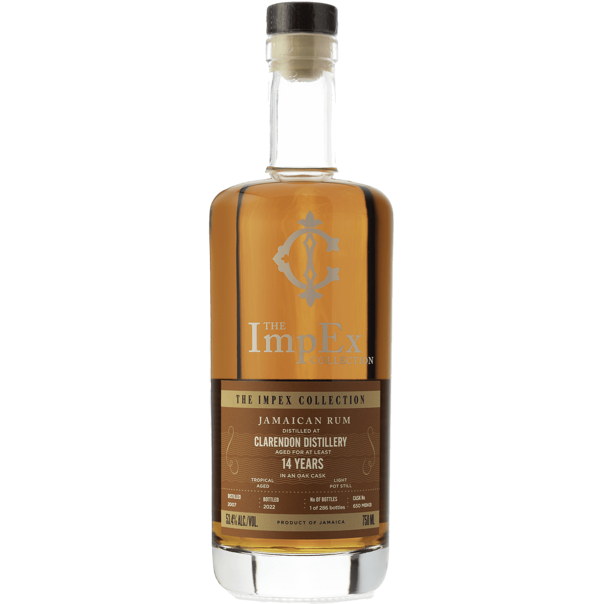 The ImpEx Collection 14 Year 2007 Clarendon Cask Rum bottle showcasing rich amber color and elegant design.