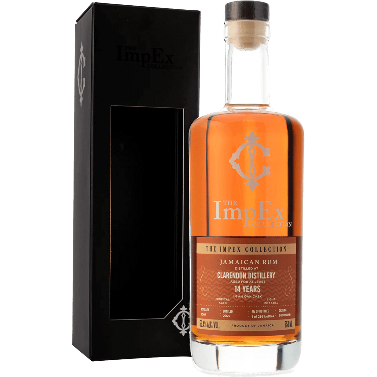 The ImpEx Collection 14 Year 2007 Clarendon Cask Rum in a bottle with a stylish box, showcasing its rich color and branding.