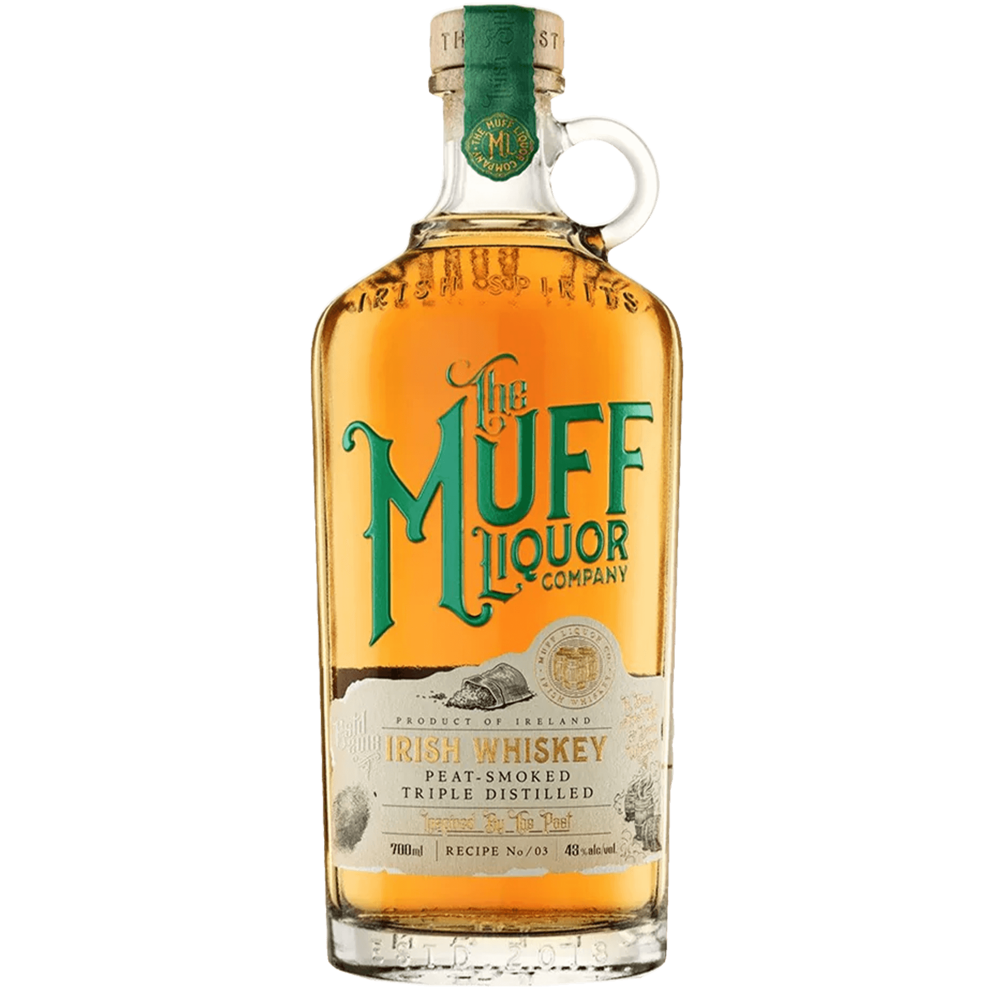 The Muff Liquor Peat Smoked Irish Whiskey 700ml bottle showcasing its rich amber color and elegant design.