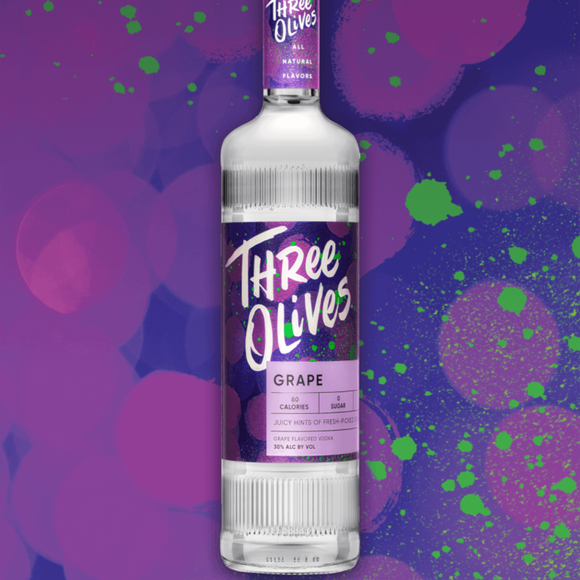 Three Olives Grape Vodka bottle with vibrant design, showcasing its fruity essence and natural flavors.