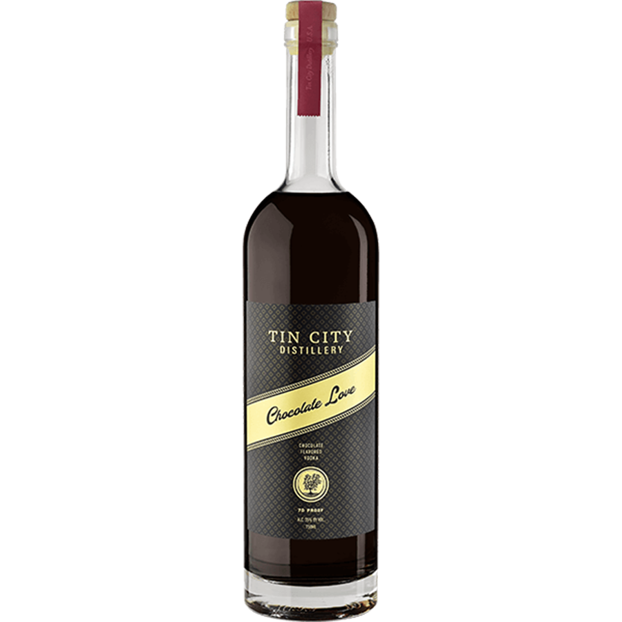 Tin City Vodka Chocolate Love bottle with rich cacao and caramel notes, perfect for cocktails and celebrations.