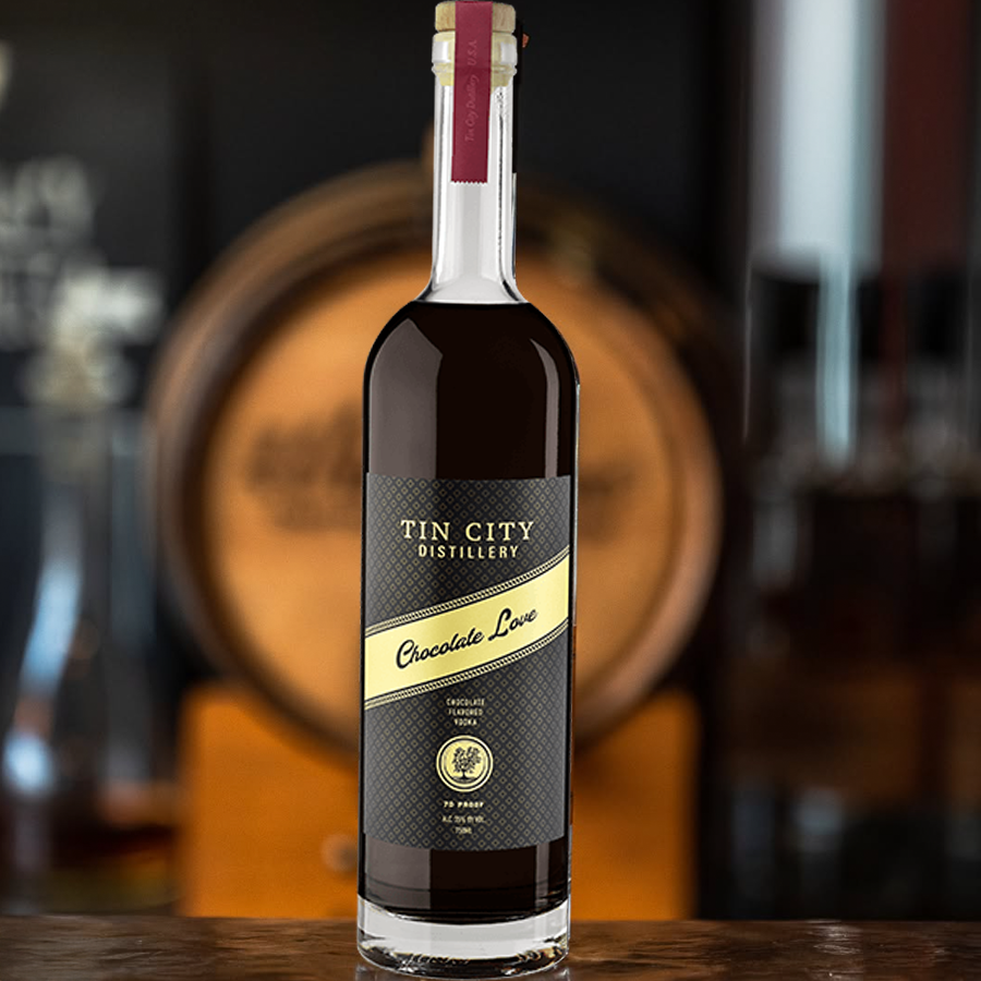 Tin City Vodka Chocolate Love bottle with a smooth spirit for celebrating special moments.