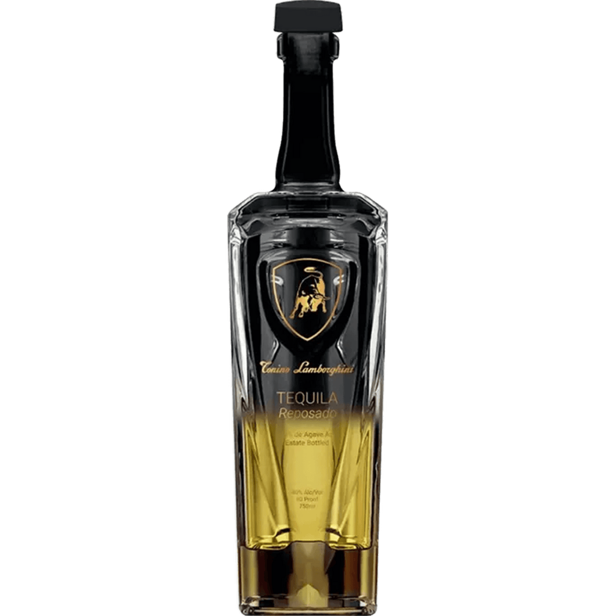 Tonino Lamborghini Reposado Tequila bottle showcasing elegant design and rich golden color.