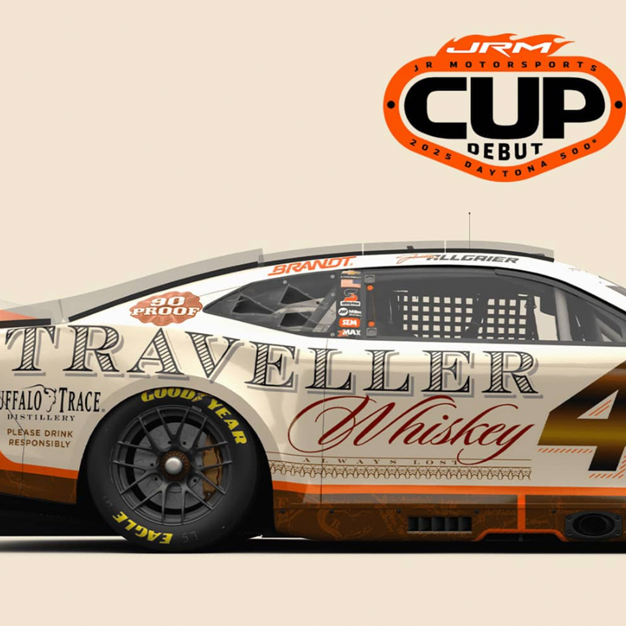 Traveller Whiskey car design for JR Motorsports Cup debut at 2023 Daytona 500 showcasing premium whiskey branding.