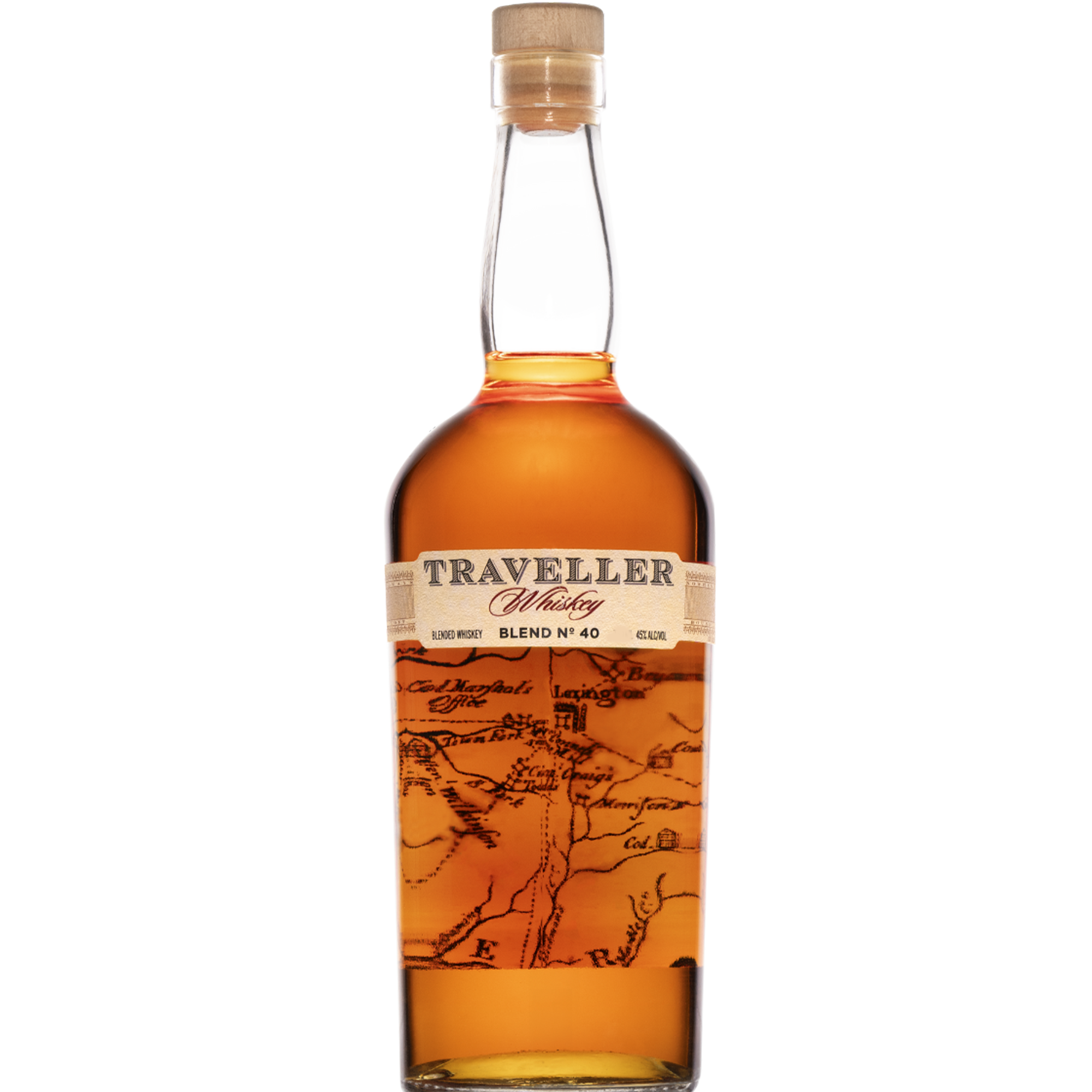 Bottle of Traveller Blend No. 40 Whiskey 1.75L featuring detailed label and unique artwork.