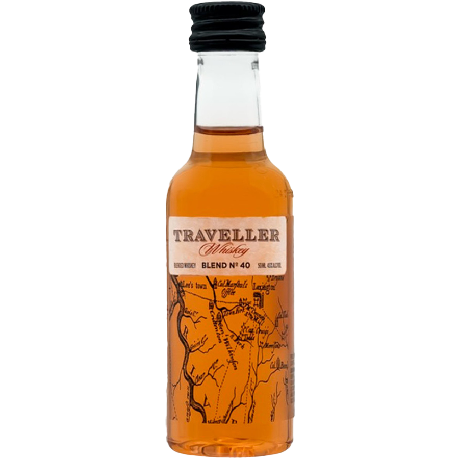Traveller Blend No. 40 Whiskey 50ml (12 Pack Shot) in a bottle with a unique label design.