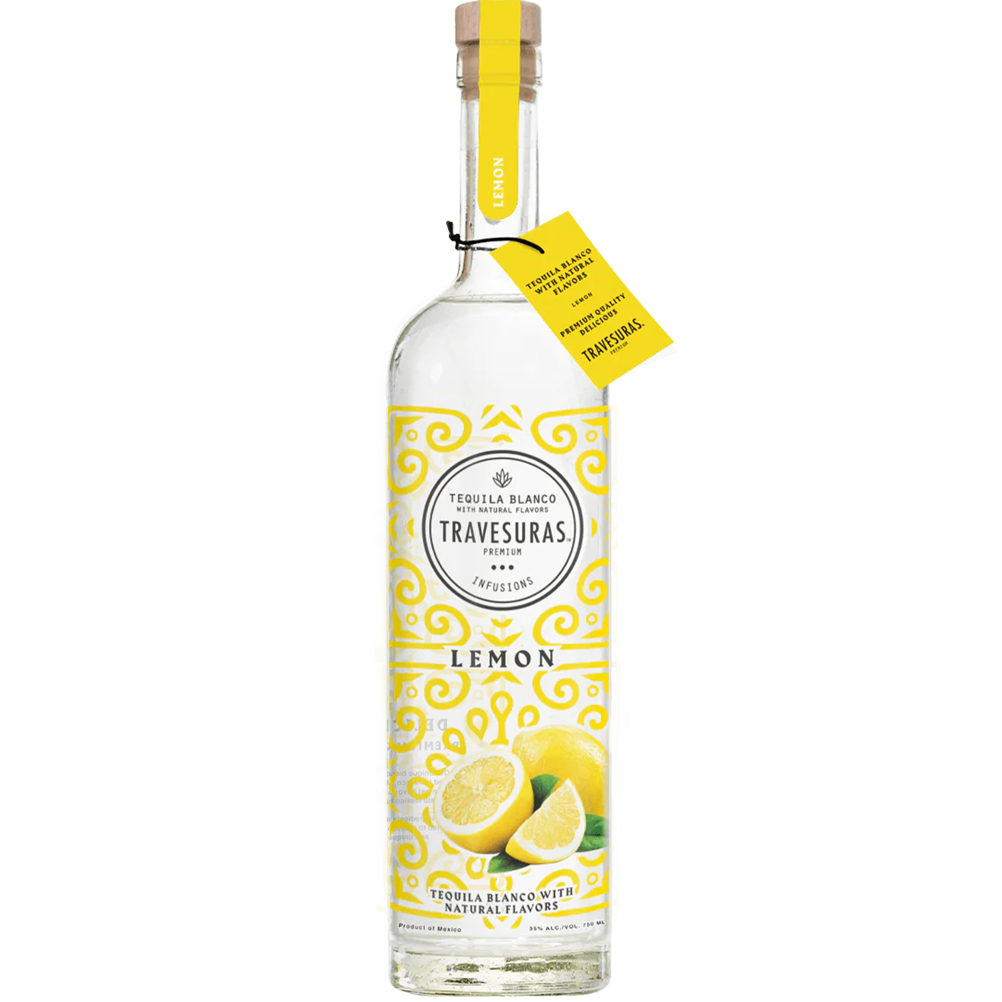 Bottle of Travesuras Lemon Tequila featuring vibrant yellow design and lemon slices, perfect for refreshing cocktails.