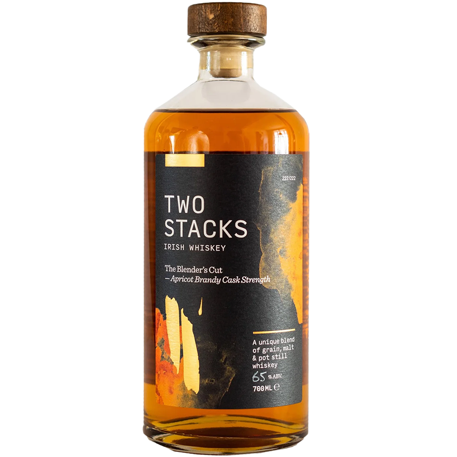 Two Stacks Brandy bottle showcasing Irish whiskey finished in Apricot Brandy Cask, 63.5% ABV, unique blend.