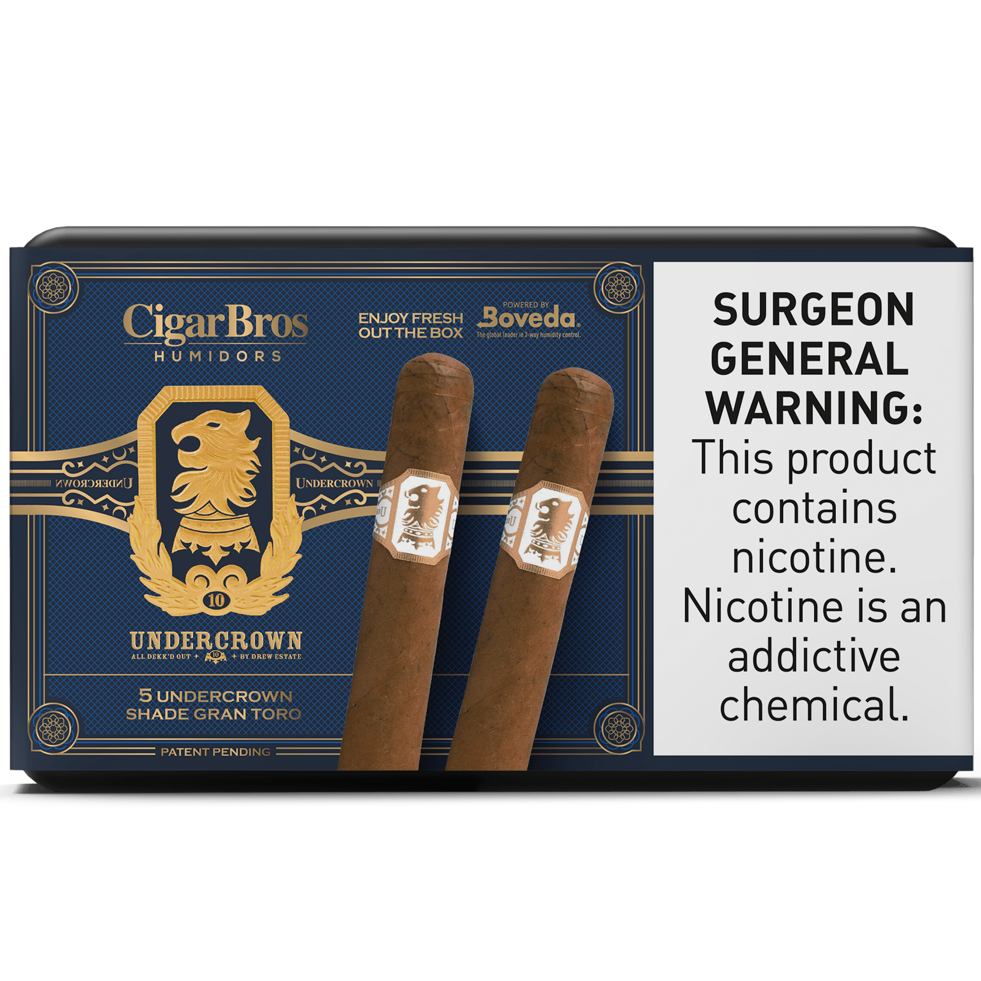 UnderCrown by CigarBros containing 5 Shade Gran Toro cigars, featuring bold flavors and a luxurious box design.