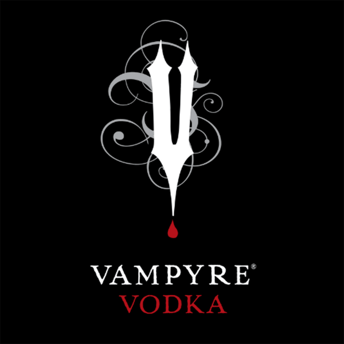 Vampyre Vodka logo featuring a stylized letter V and elegant design on a black background.