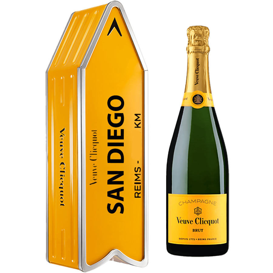 Veuve Clicquot Brut Yellow with San Diego Arrow bottle and packaging display.