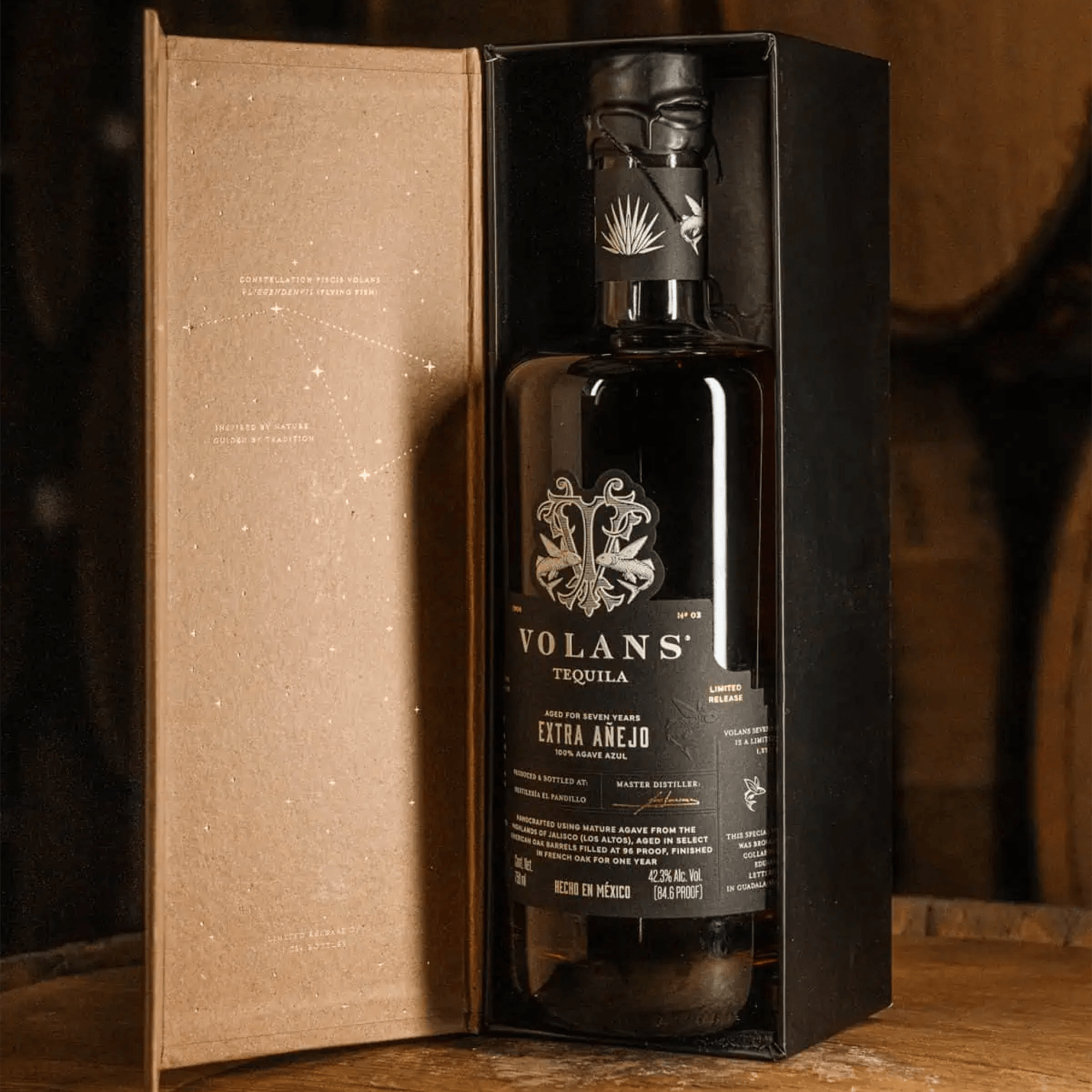 Volans 7 Year Extra Añejo Tequila in elegant packaging, highlighting its rich tradition and craftsmanship.