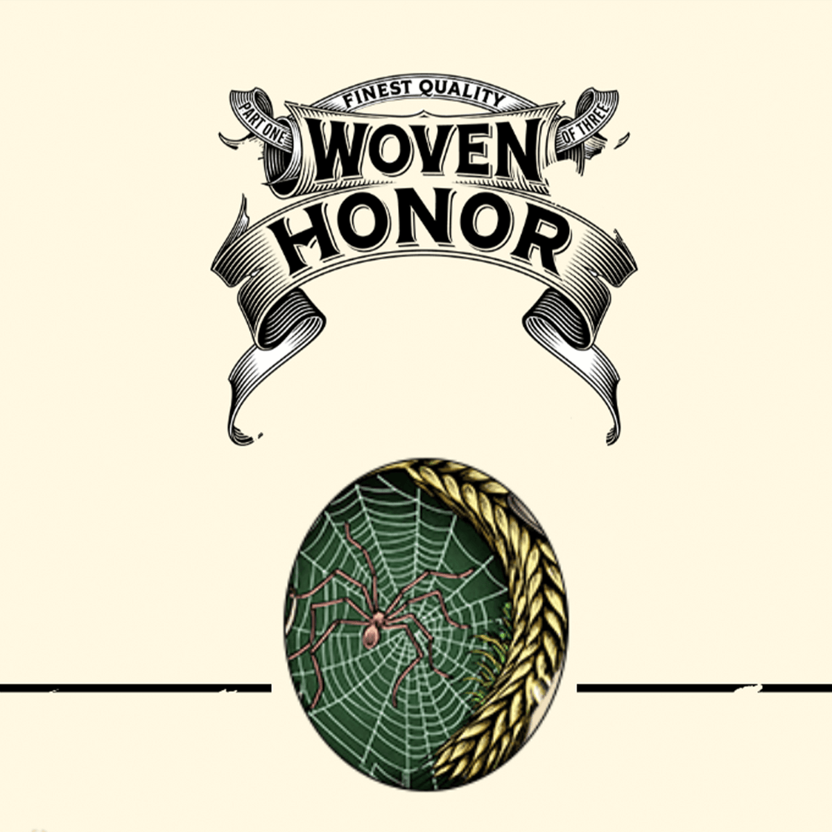 Label of Orphan Barrel Woven Honor Scotch featuring spider and web design, symbolizing artistry and craftsmanship.