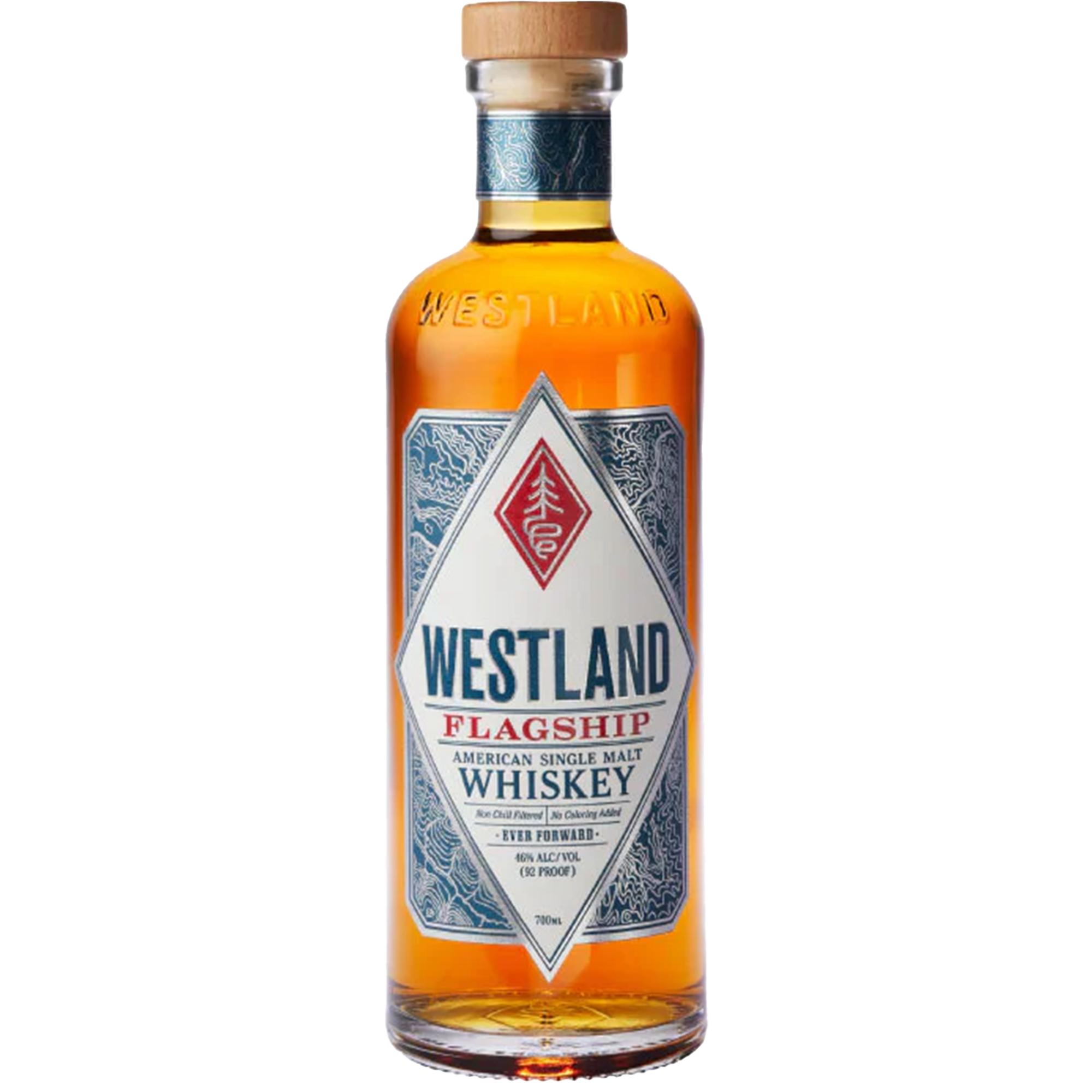 Westland Flagship American Single Malt Whiskey bottle showcasing vibrant amber color and detailed label design.