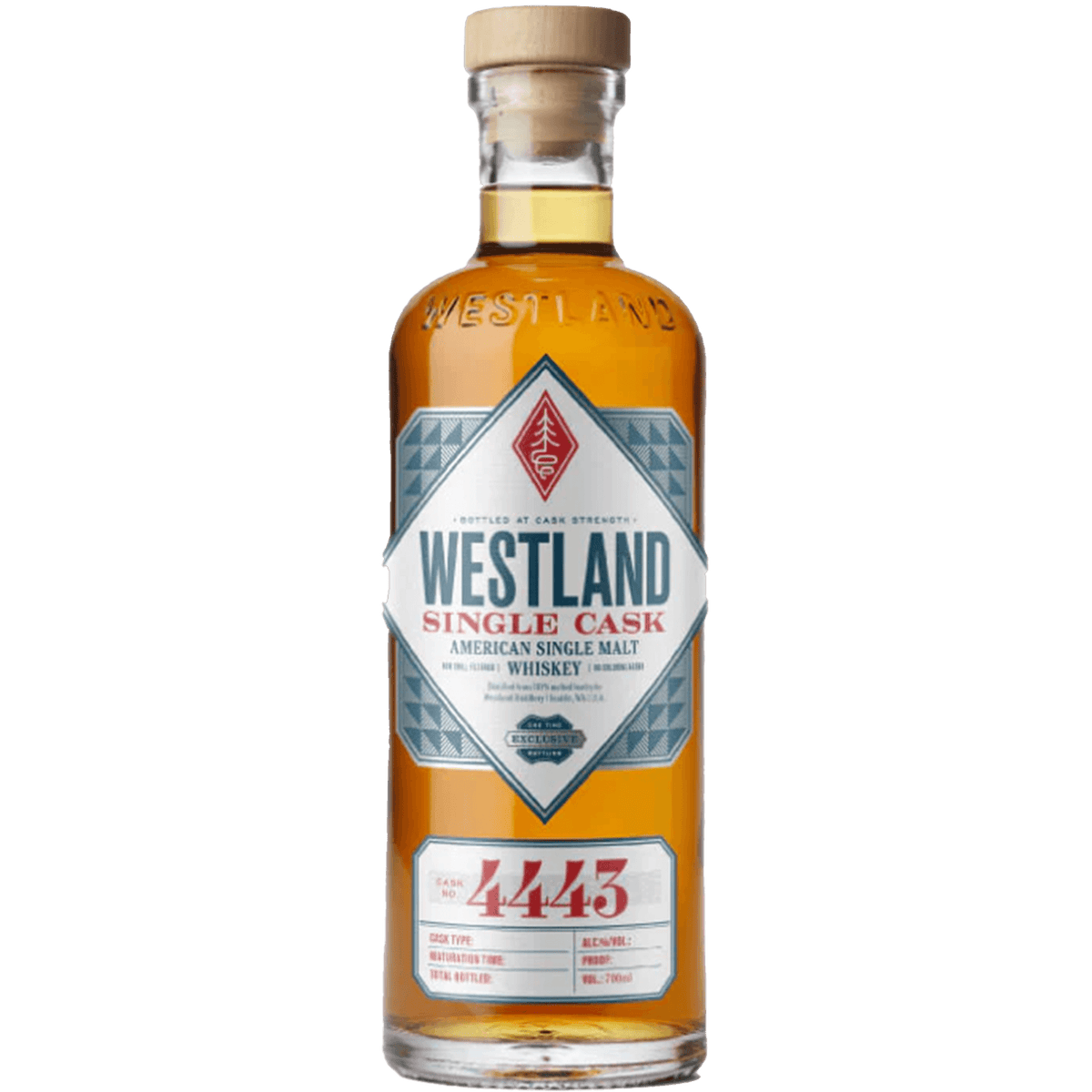 Westland Single Cask #4443 whiskey bottle showcasing American single malt whiskey crafted by Westland Distillery.