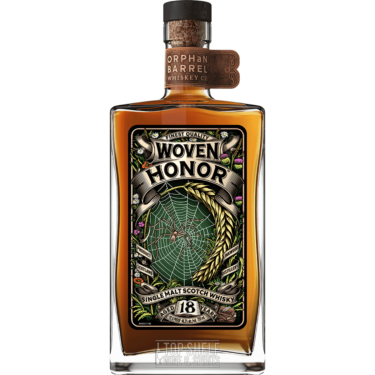 Orphan Barrel Woven Honor 18 Year Scotch bottle featuring a spider web design, symbolizing craftsmanship and tradition.