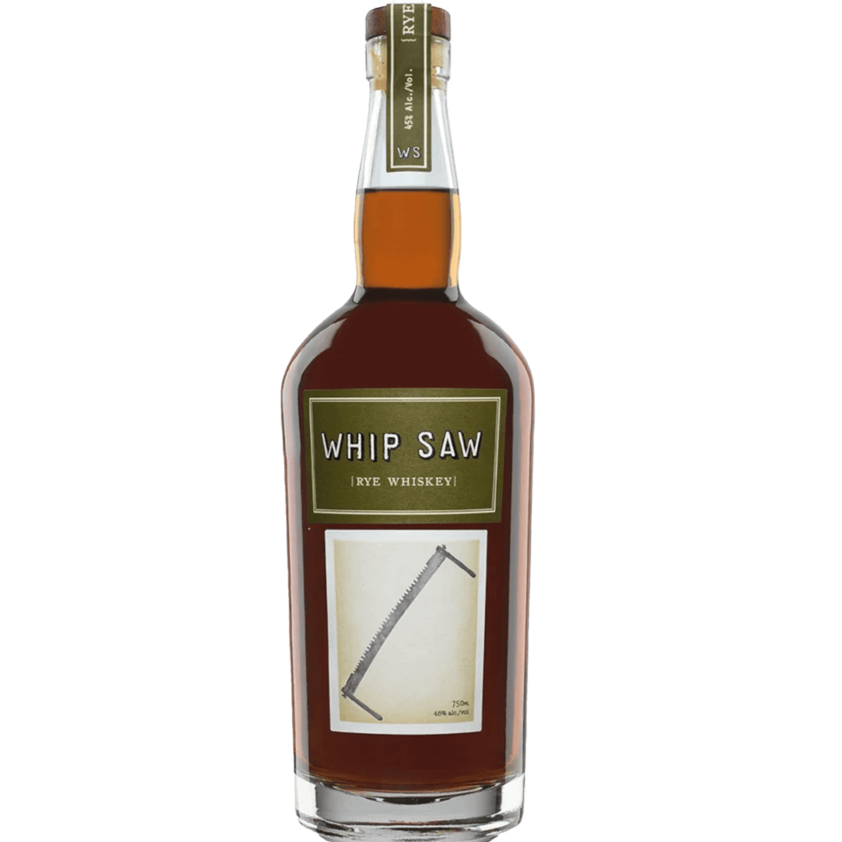Whip Saw Rye Whiskey bottle showcasing bold spirit aged in American oak and Cabernet Sauvignon casks.