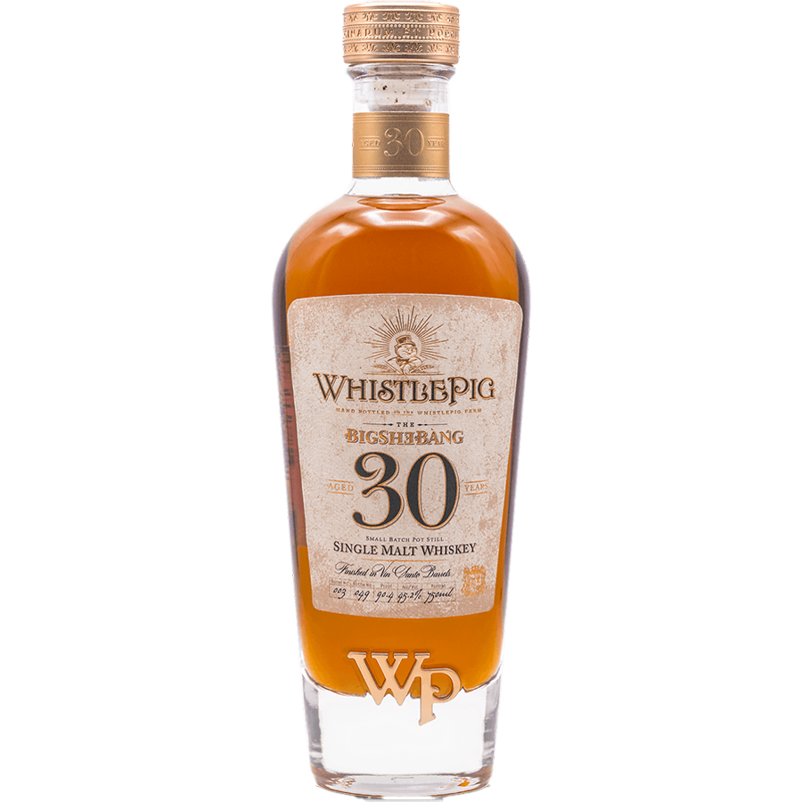 WhistlePig The Bigshebang 30 Year Single Malt Whiskey bottle showcasing its rich amber color and elegant design.