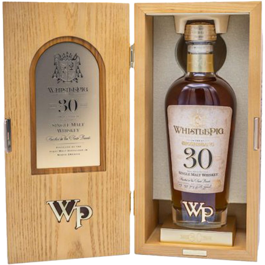 WhistlePig The Bigshebang 30 Year Single Malt Whiskey in a wooden box display.