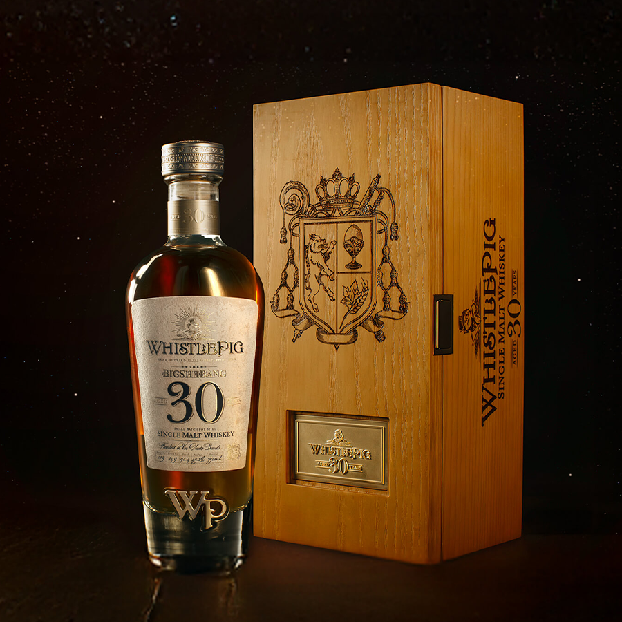 WhistlePig The Bigshebang 30 Year Single Malt Whiskey bottle and wooden box packaging.
