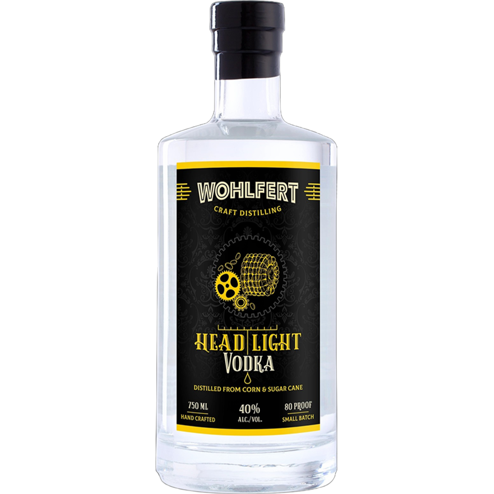 Wohlfert Headlight Vodka bottle, 750ml, 80 proof, distilled from corn and sugar cane, perfect for cocktails or sipping.