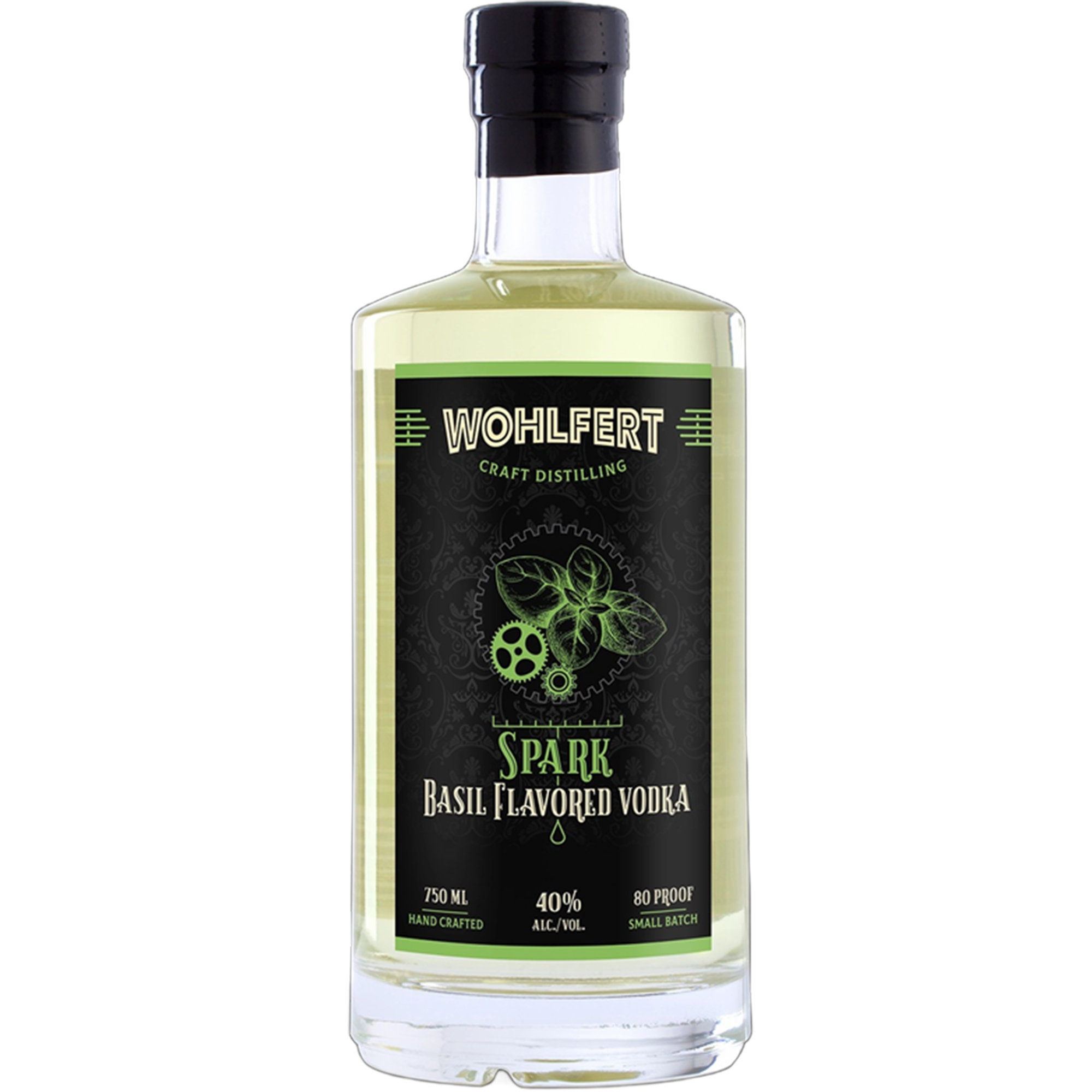 Wohlfert Spark Basil Flavored Vodka bottle, 750ml, 40% ABV, 80 proof, showcasing its fresh basil flavor for cocktails.