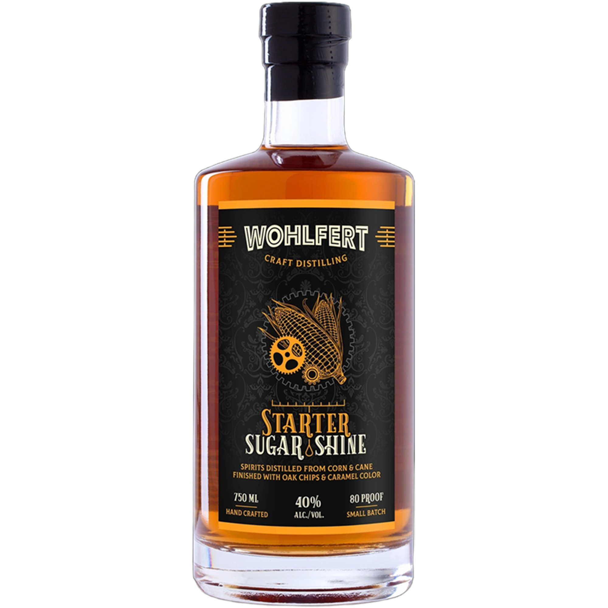 Wohlfert Starter Sugar Shine bottle showcasing smooth, distinct 80 proof moonshine crafted from corn and cane.