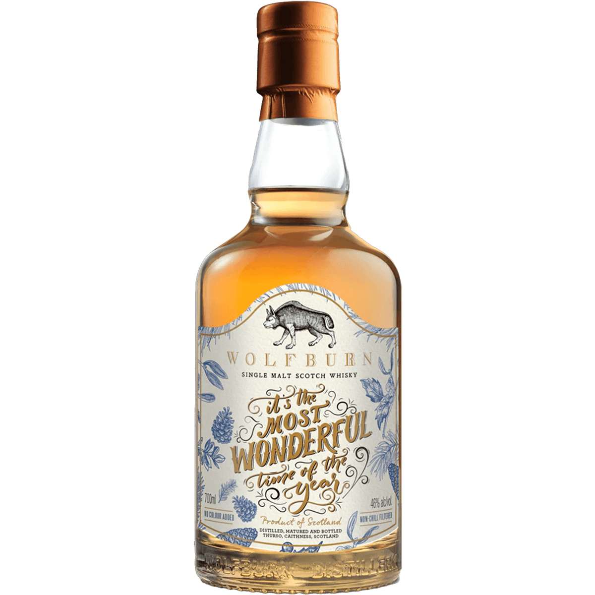 Wolfburn Holiday Edition Single Malt Scotch Whisky 700ml bottle featuring festive design and fine craftsmanship.