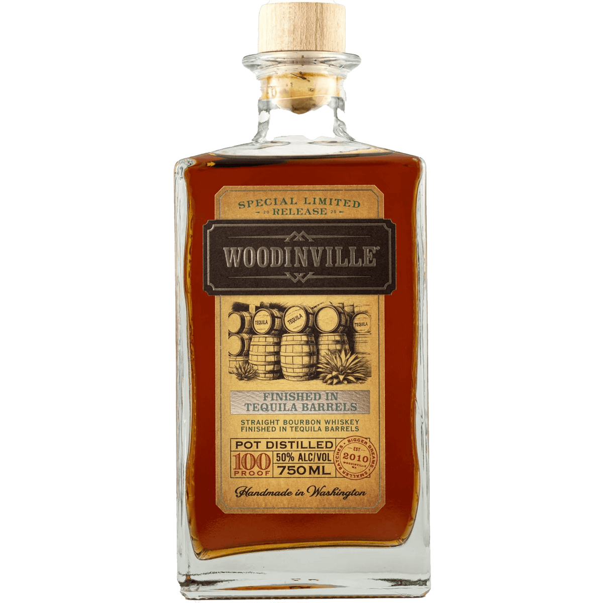 Bottle of Woodinville Tequila Barrel Finished Bourbon, showcasing limited release label and rich amber color.