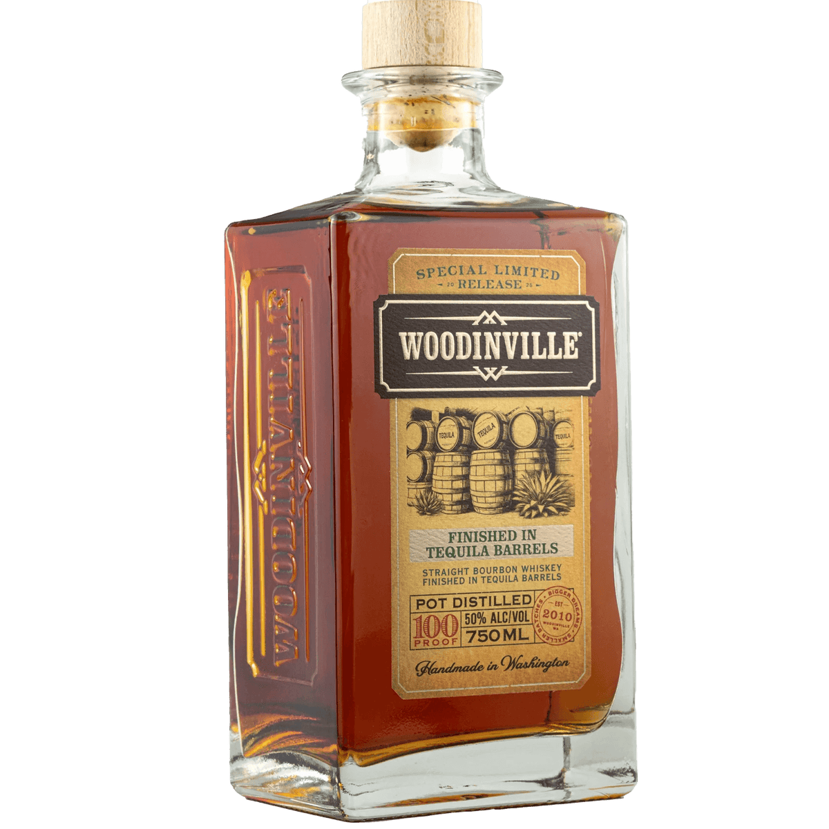Woodinville Tequila Barrel Finished Bourbon bottle with cork, showcasing its unique blend and rich color.