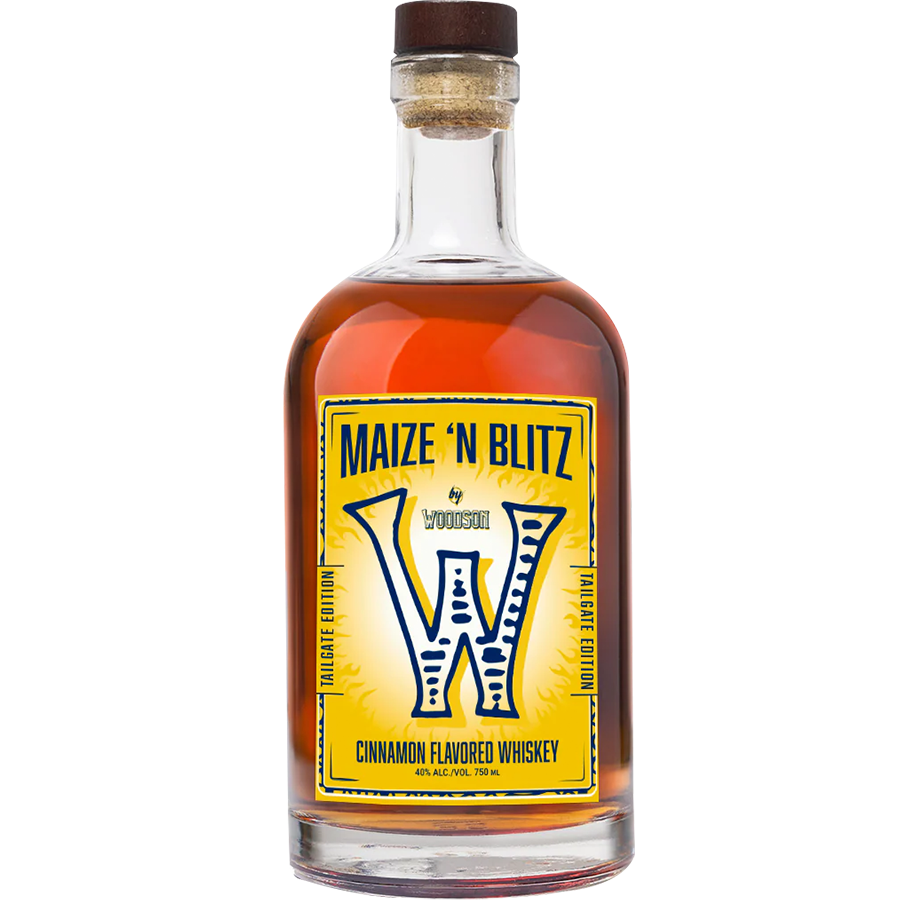 Woodson Maize N Blitz Tailgate Edition Cinnamon Flavored Whiskey bottle with vibrant label and amber liquid.
