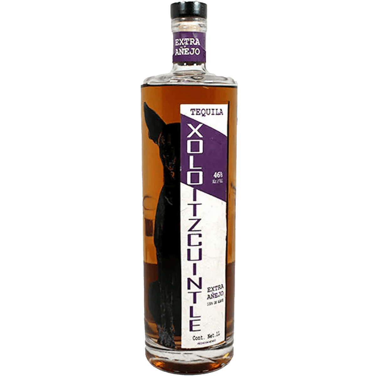 Xoloitzcuintle Extra Añejo Tequila 1L bottle, aged 5 years with rich flavors of vanilla and chocolate.
