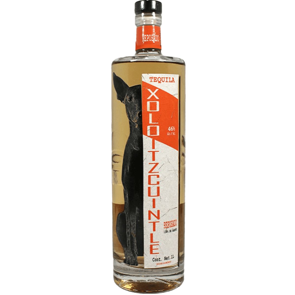 Xoloitzcuintle Reposado Tequila 1L bottle with distinctive dog label, showing rich amber color and bold design.