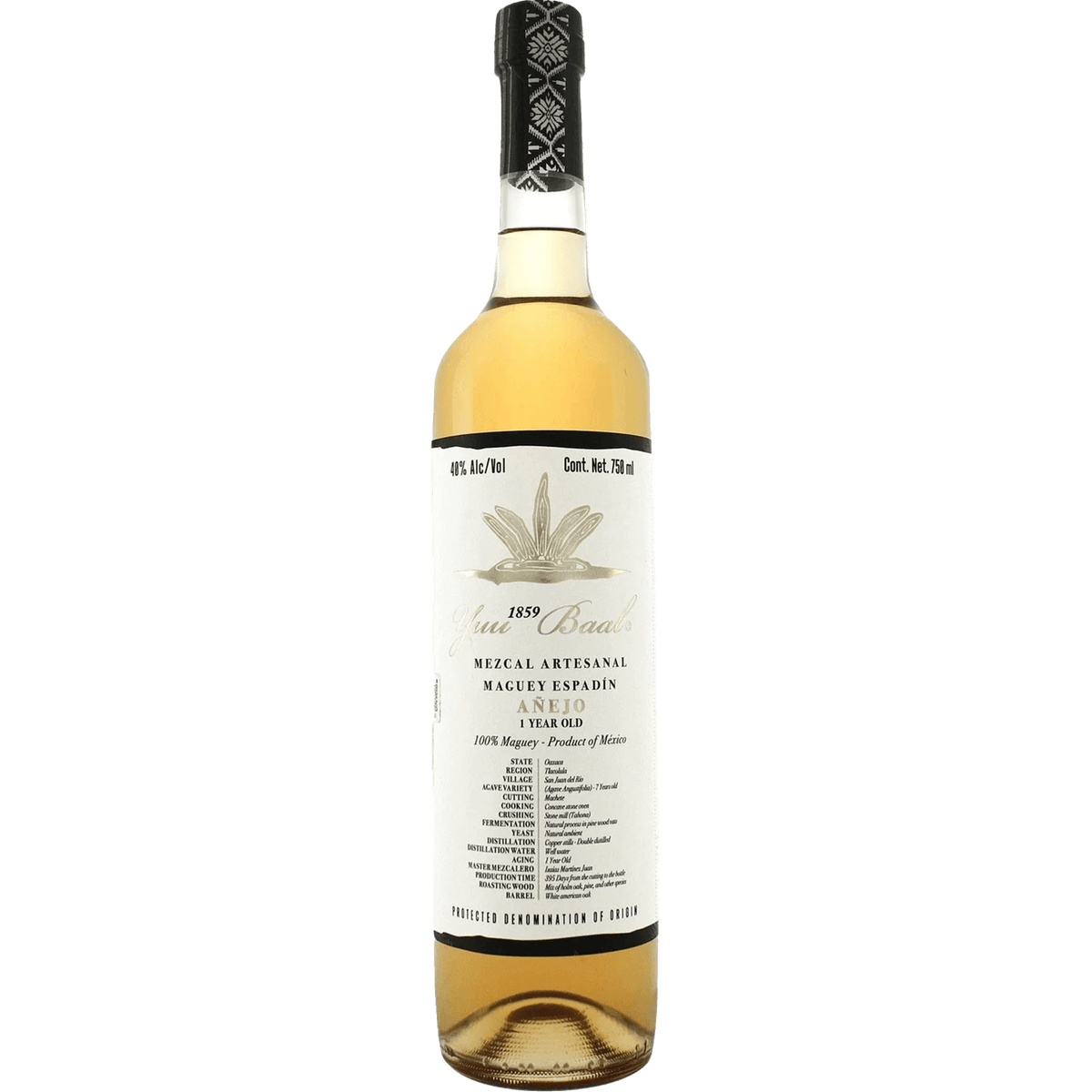 Bottle of Yuu Baal Mezcal Añejo, a rich golden spirit made from 100% Mexican agave, symbolizing artisanal mastery.