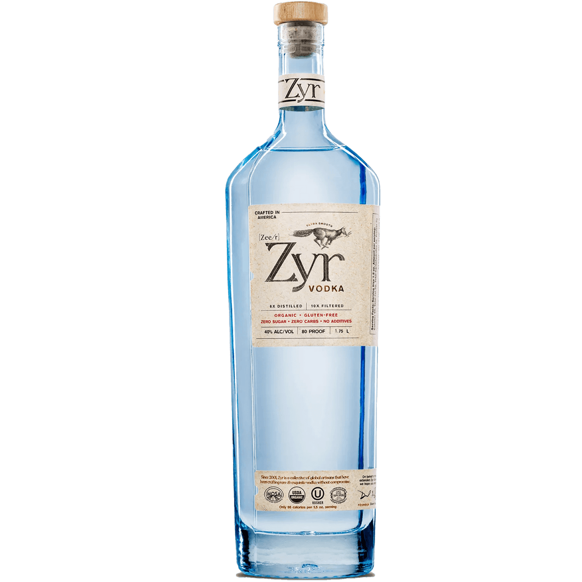 Zyr Organic Vodka 1.75L bottle with cork, featuring a clean design and label highlighting butterscotch and citrus notes.