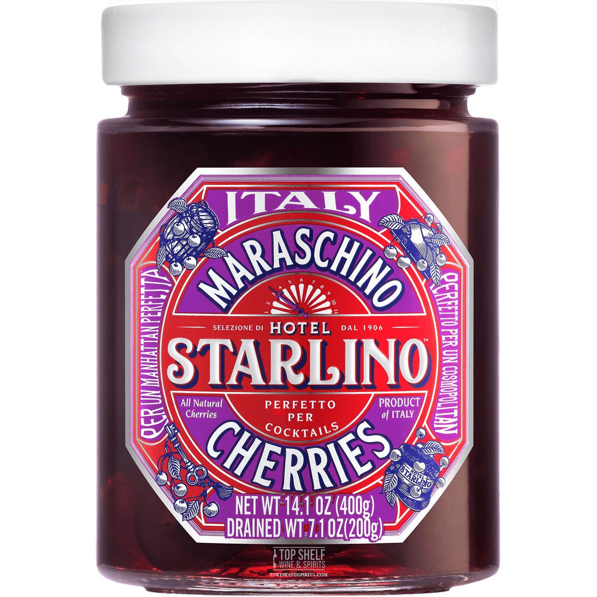 Hotel Starlino Italy Maraschino Cherries 14.1oz jar, all-natural cherries in rich Marasca juice.