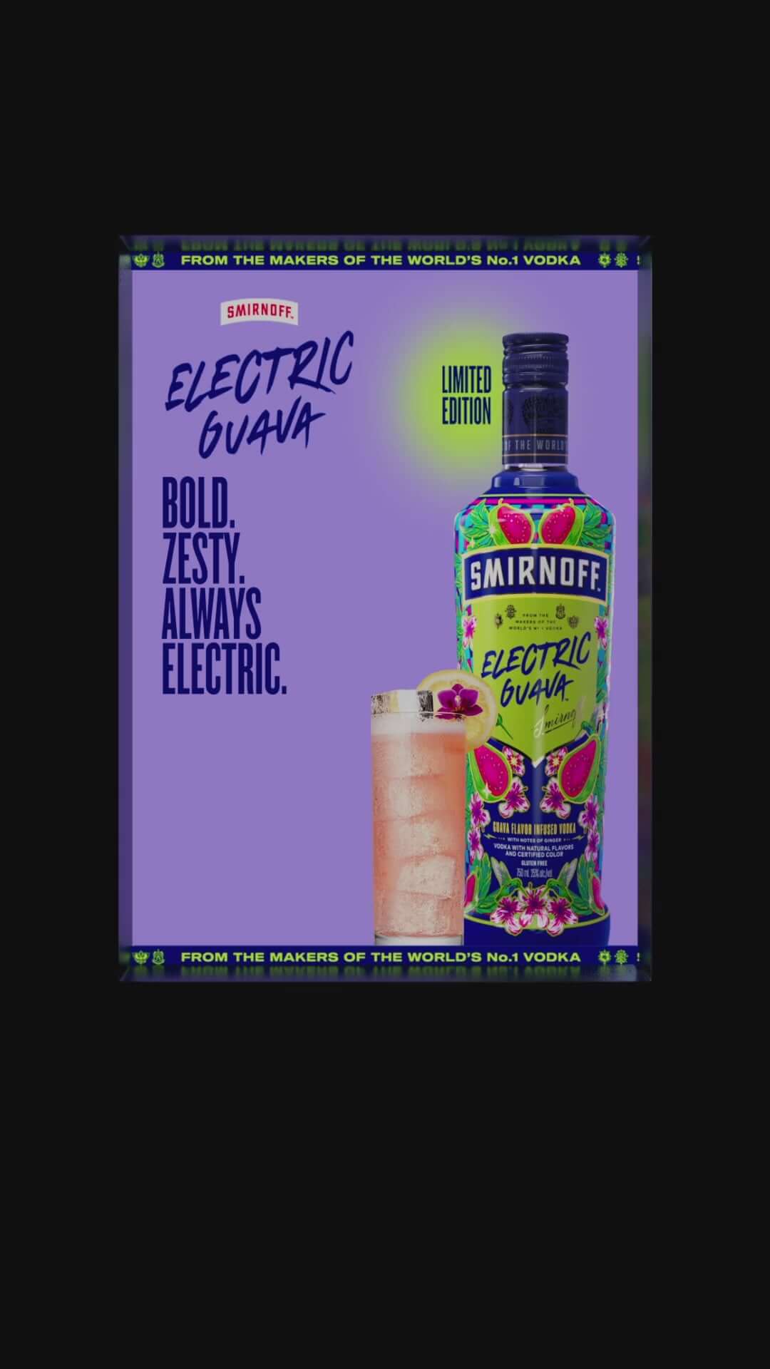 Smirnoff Electric Guava Vodka bottle with cocktail, showcasing bold, zesty flavors in a limited edition design.