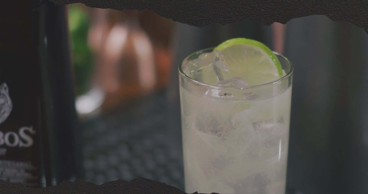 Refreshing Lobos 1707 Artesanal Mezcal cocktail with lime slice and ice.