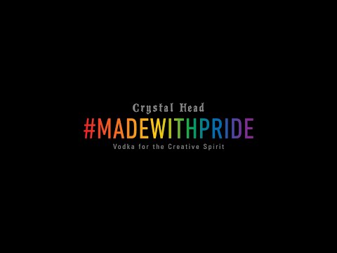 Crystal Head Vodka #MADEWITHPRIDE logo displayed in rainbow colors on black background, promoting LGBTQ+ support.
