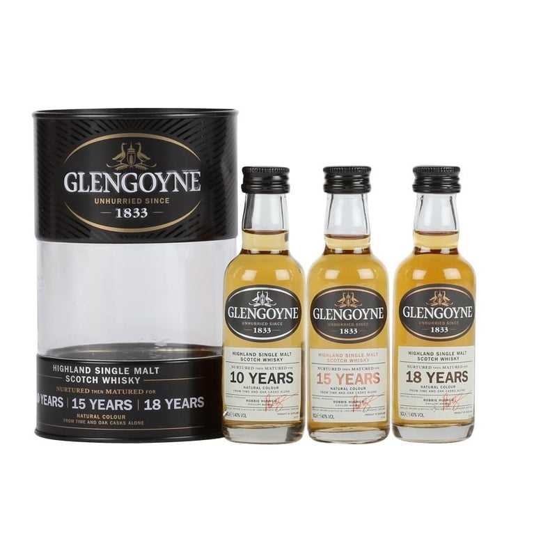 Glengoyne Single Malt Scotch 10/15/18 Year 50ml Drum Gift Set